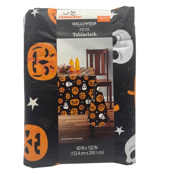 Halloween PEVA Tablecloth 60x102 Rectangle Black With Pumpkin & Skull Design - Picture 1 of 3